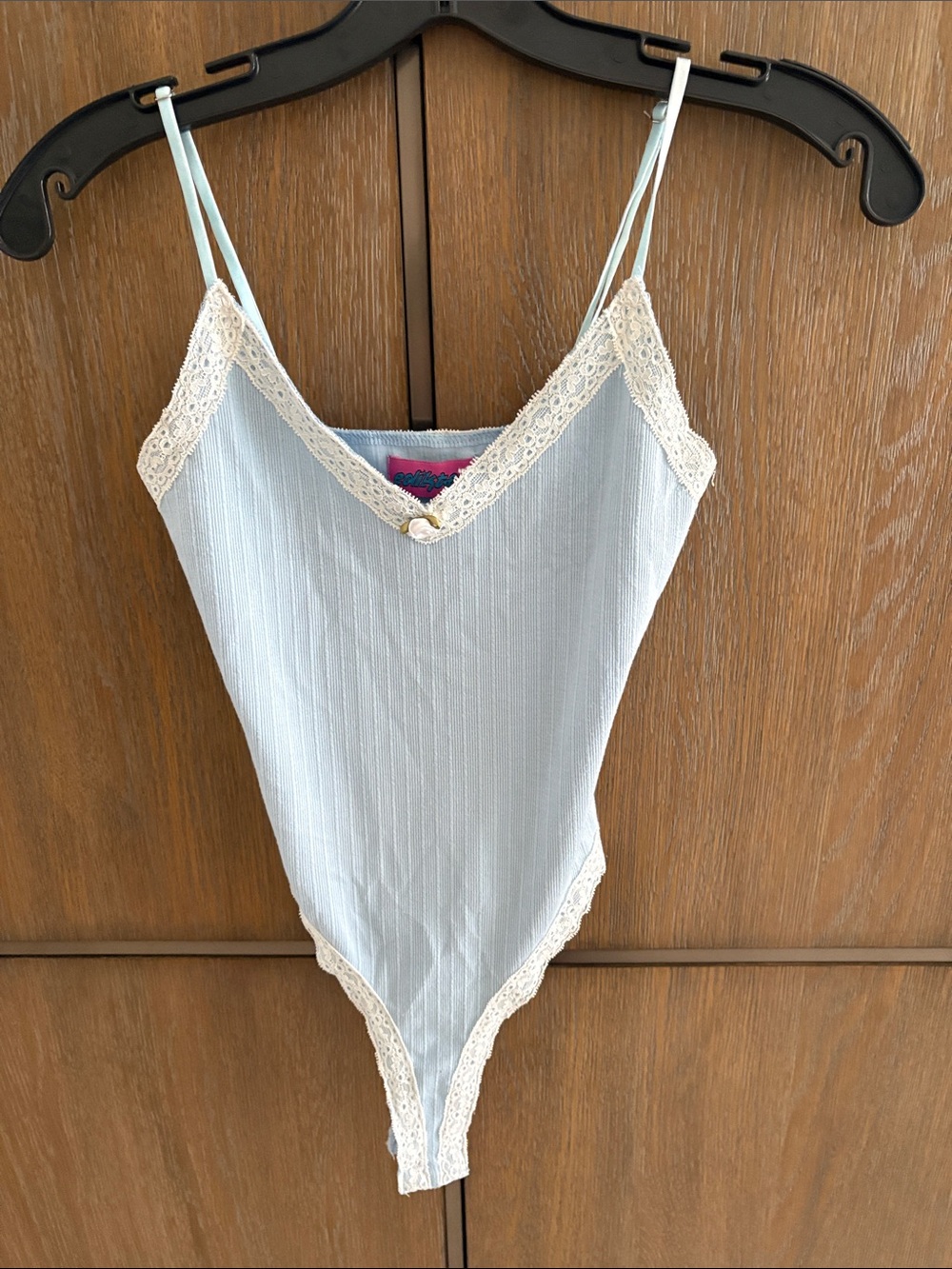 Edikted Light Blue Lace-Trim Bodysuit with Cream Accents